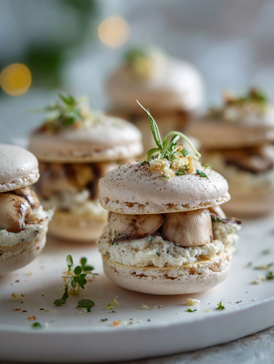 Plate of macarons with mushrooms and cheese.