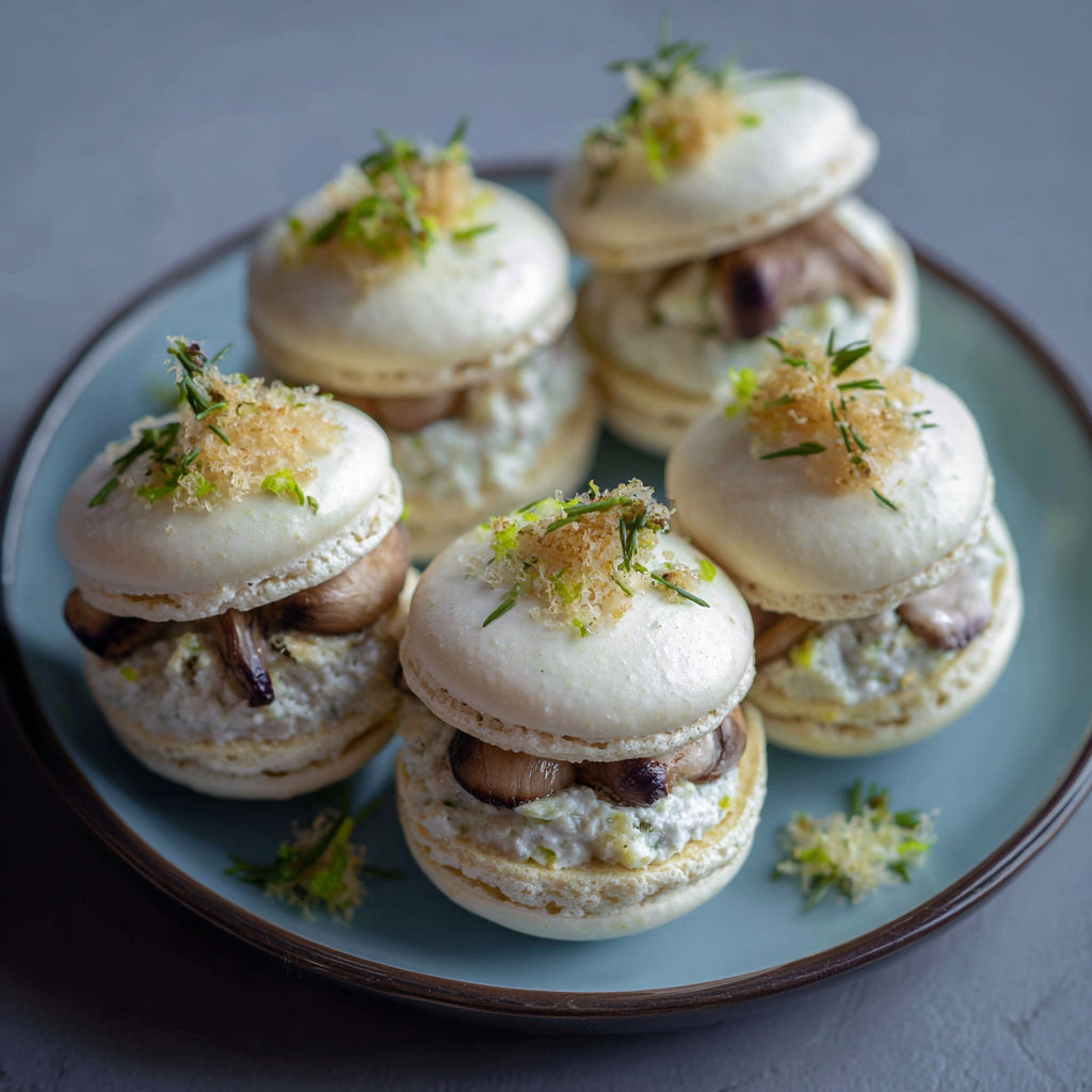 Une plaque contenant des mini-sandwichs au mushroom et au parsley, avec des herbes fraîches sur les assiettes.