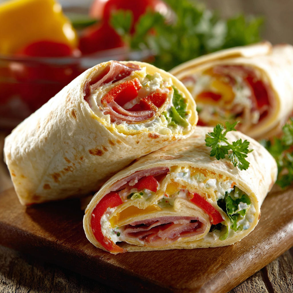 Un délicieux Wrap Speck est présenté sur une planche de bois, accompagné de légumes frais.
