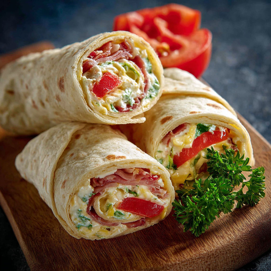Une poignée de sandwichs de poulet et de tomates, avec des herbes et des oeufs, servis sur une planche de bois.