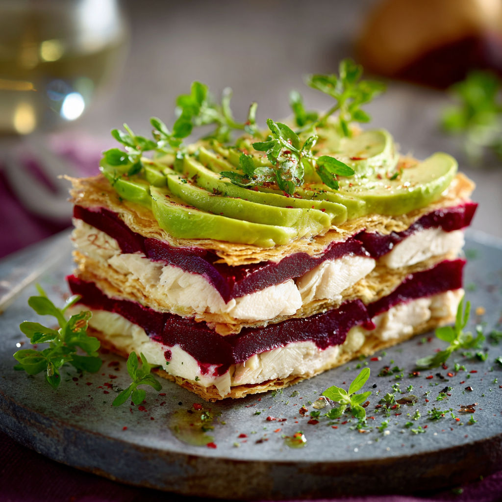 Millefeuille de pommes et avocats, une collation savoureuse et colorée.