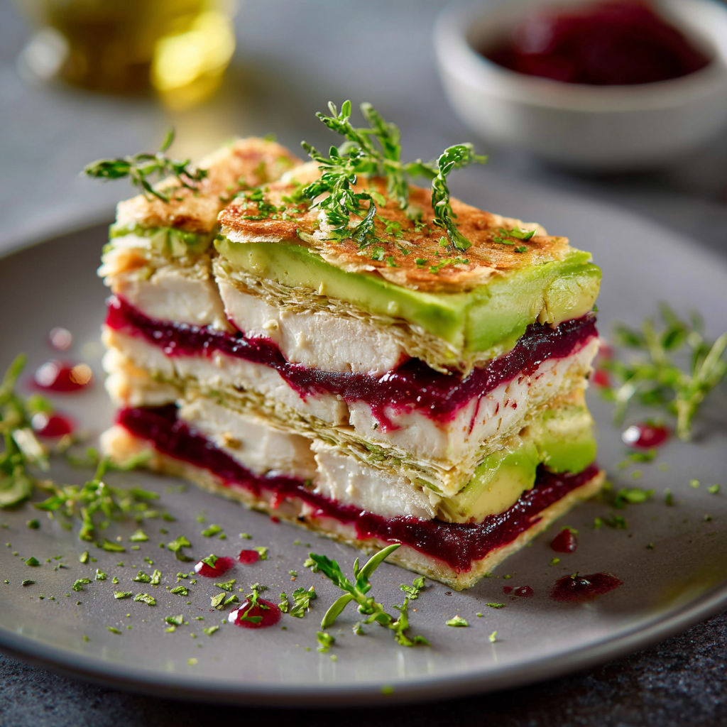 Une tarte aux avocats et cerises, garnie de herbes et de sauce, est servie sur un plateau.