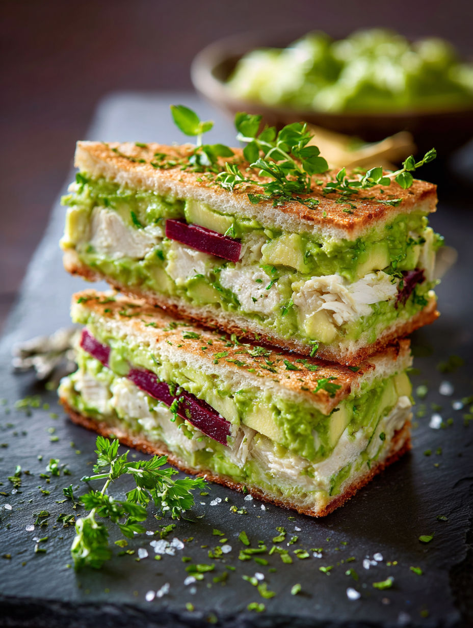 Une sandwich de poulet avec des légumes verts et des herbes.