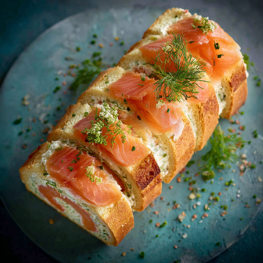 Une tranche de sandwich à la viande de saumon et aux herbes, sur un plateau de verre.