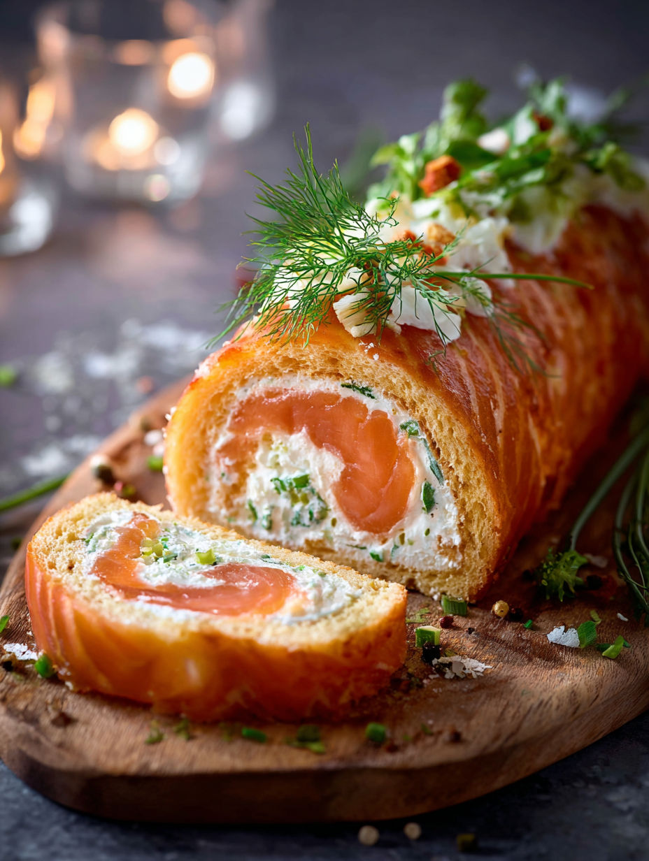 Une collation de garnitures de saumon et de crudités sur un plat de bois.