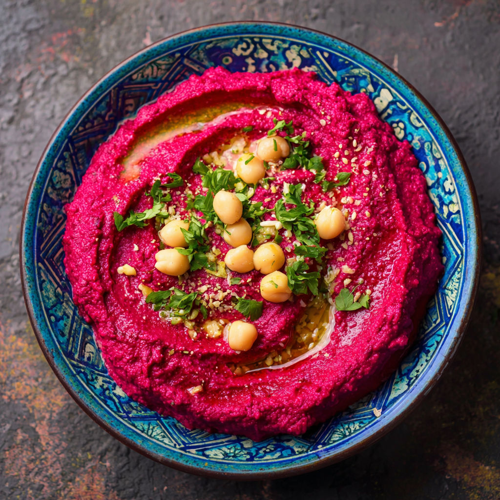 Un plat de purée de légumes rouge avec des graines de courge et des herbes vertes.