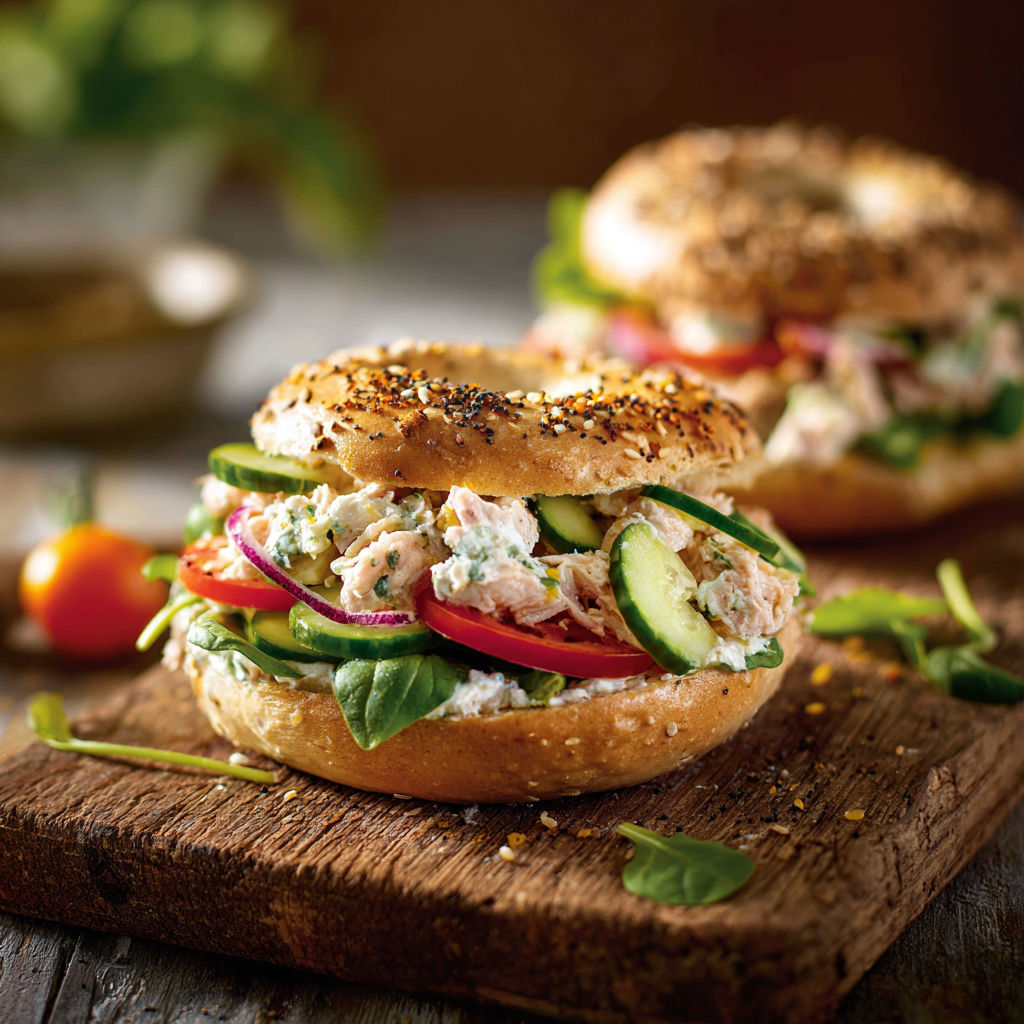 Bagel au Thon avec des légumes frais et du thon.