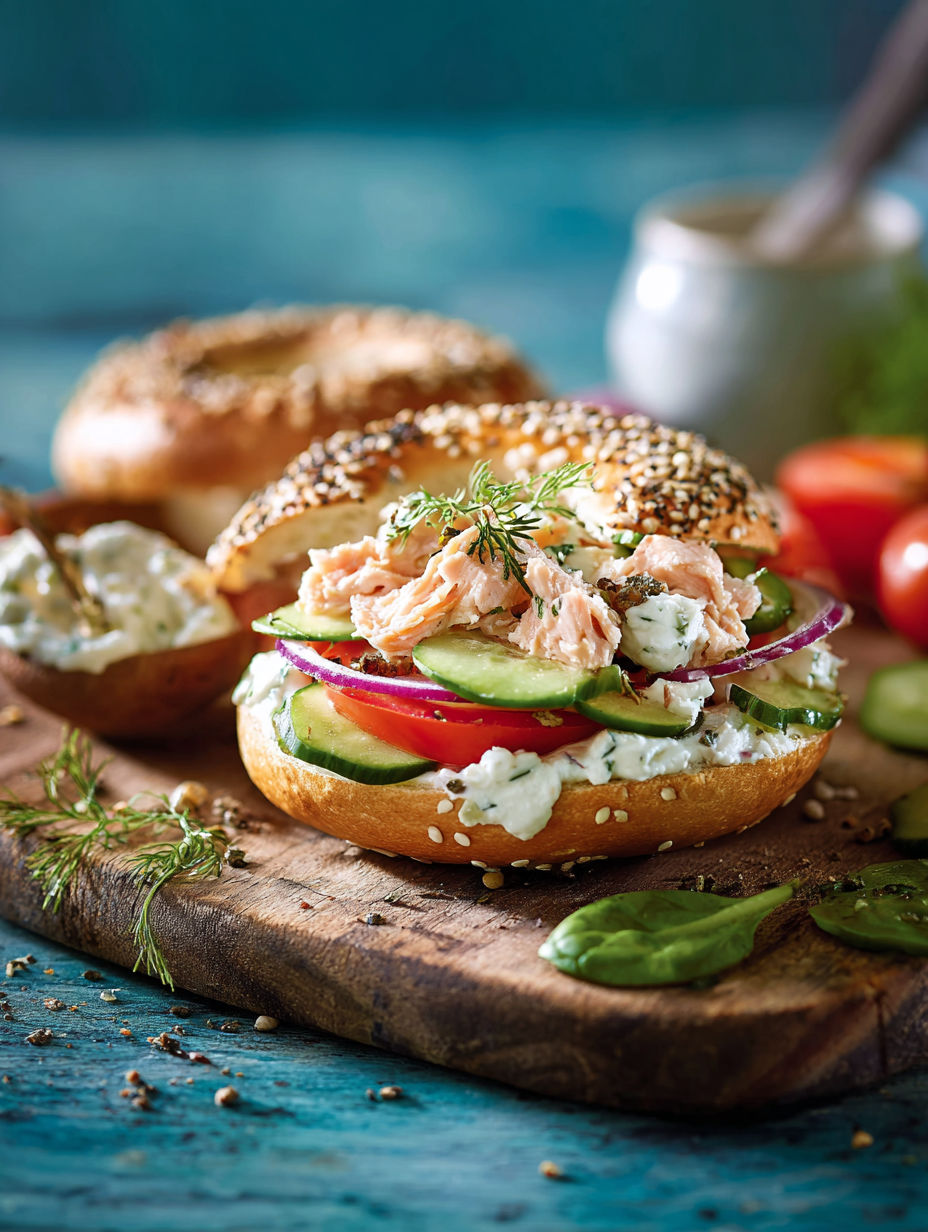 Une sandwich de saumon et de tomates sur une planche de bois.