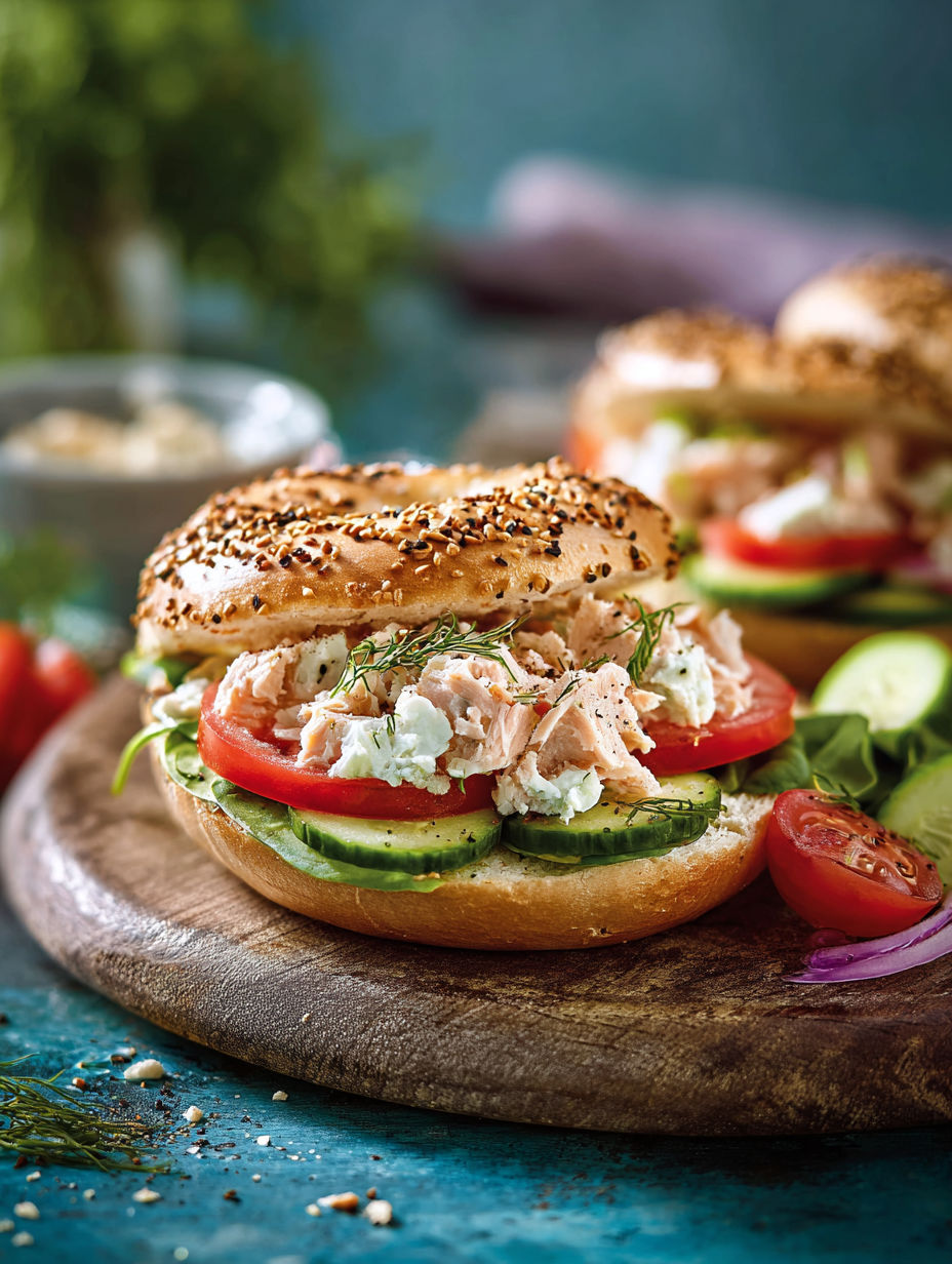 Une sandwich de saumon avec des tomates et des cucumbers, accompagnée d'une sauce au yaourt.