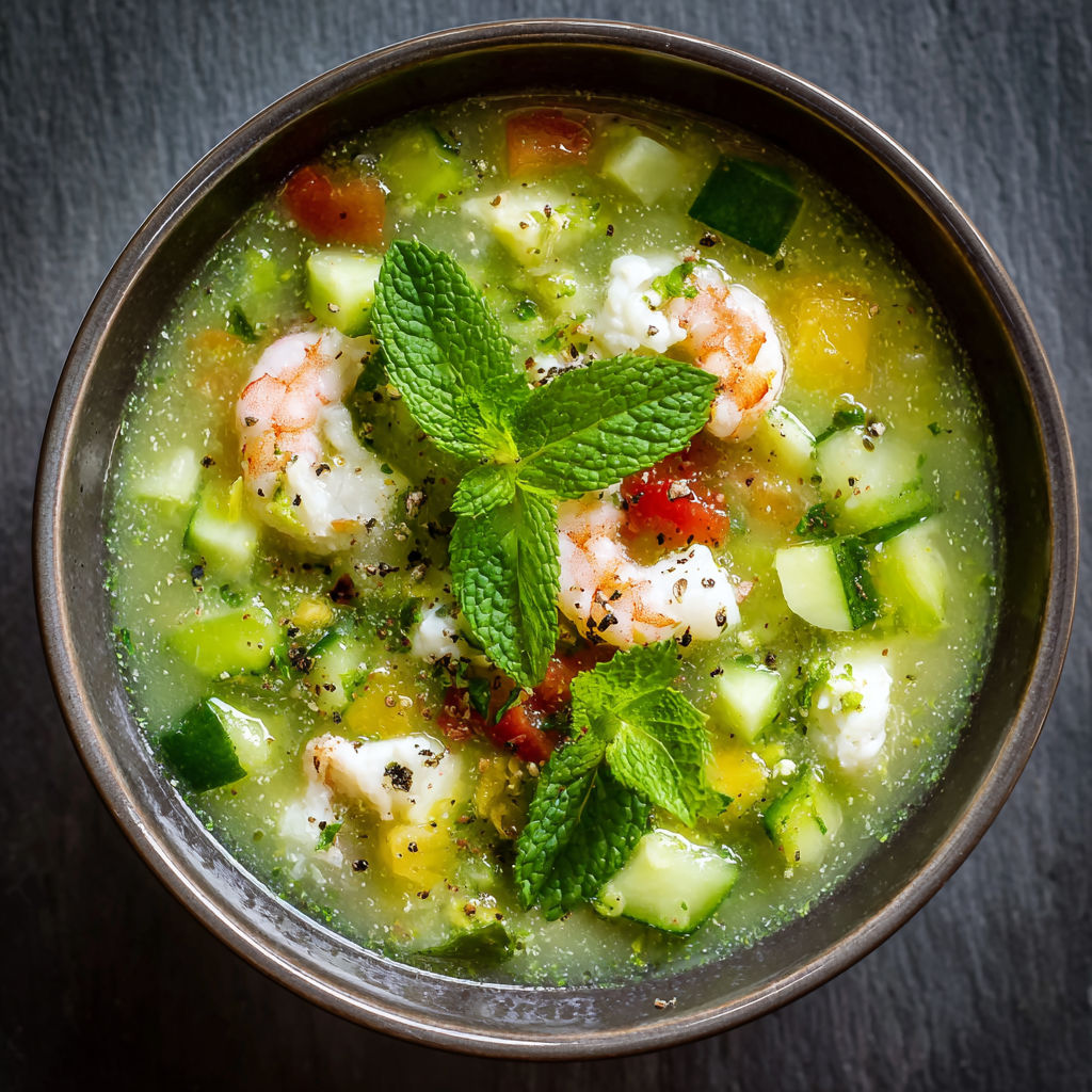 Une soupe froide contenant des légumes et des moules, garnie de menthe et de cucumber.
