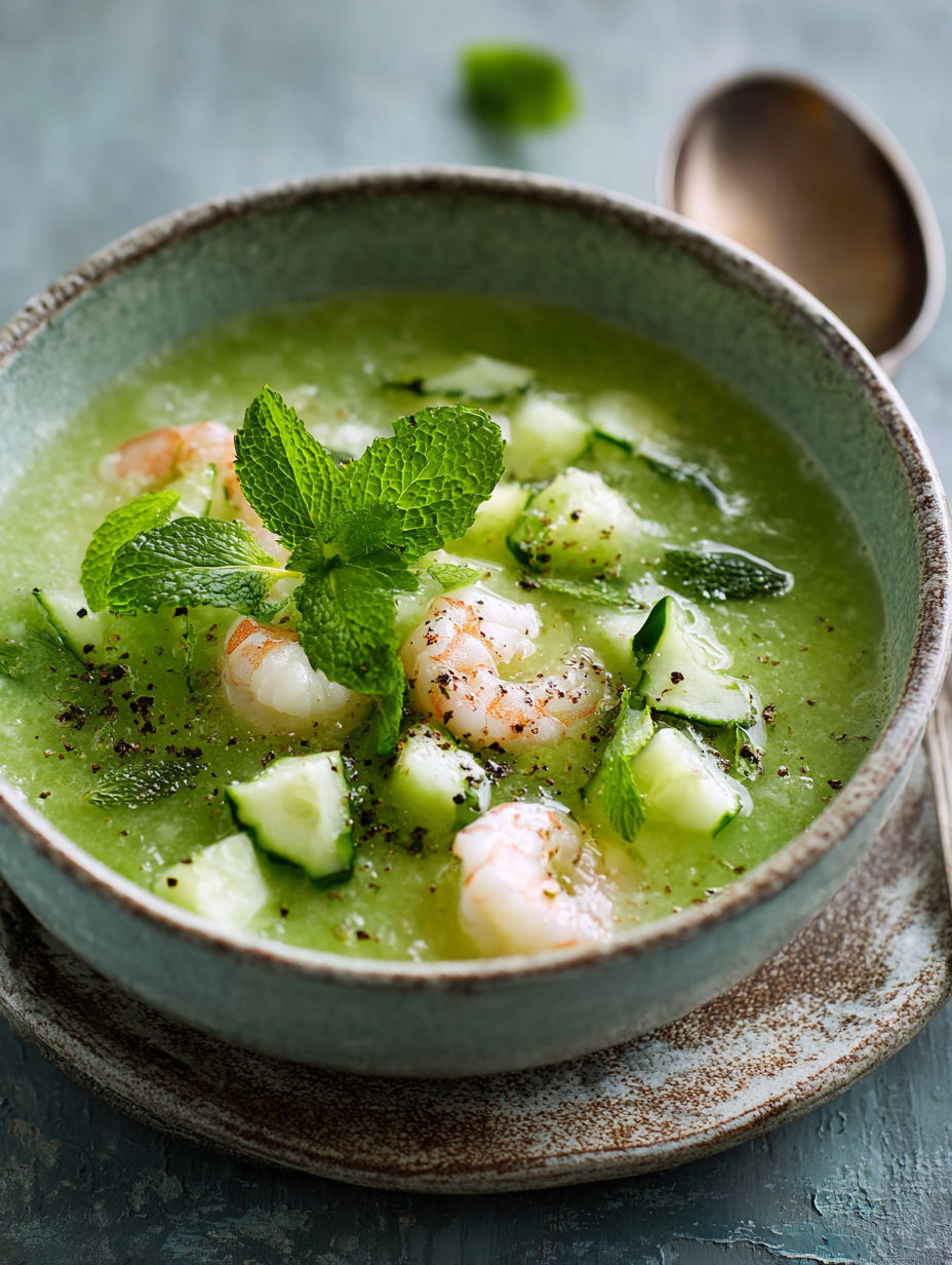 Une soupe froide avec des cucumbers, des herbes et des crevettes.