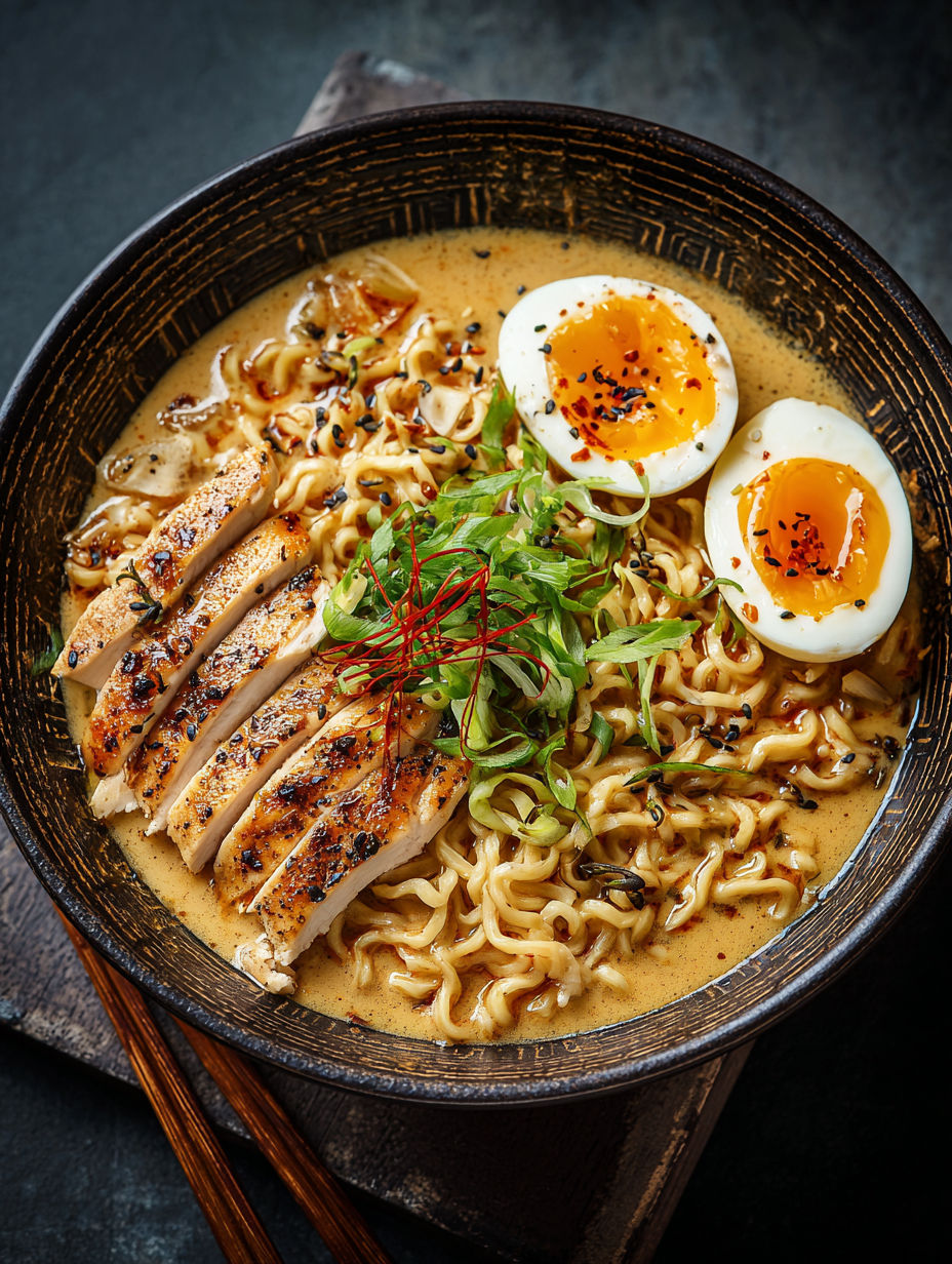 Une recette de noodles et oeufs pochés dans un bol.