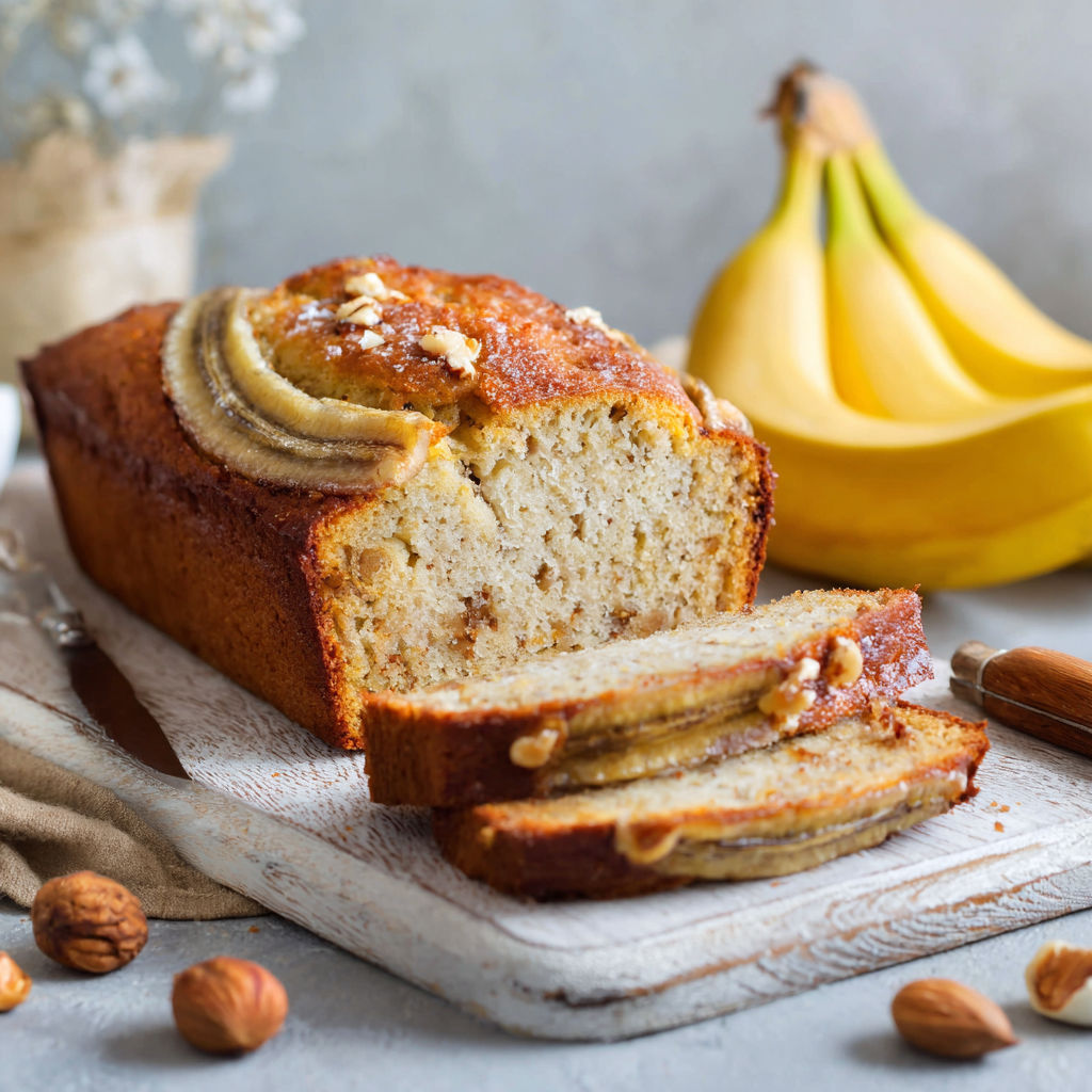 Une portion de cake aux amandes, avec des bananes et des noix de cajou.