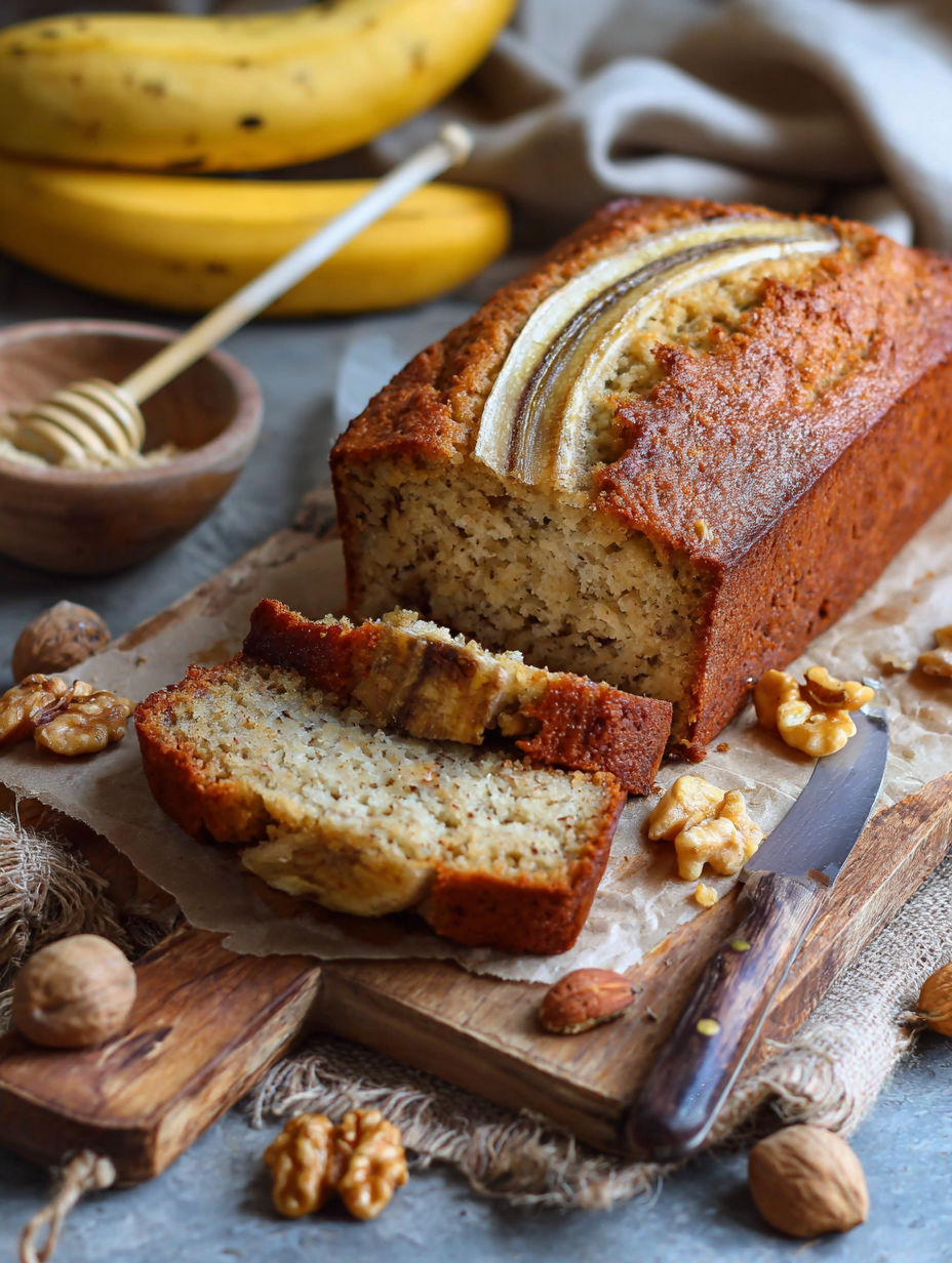 Une portion de gâteau de banana et de noix de cajou est servie sur une table.
