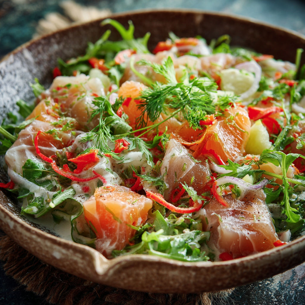 Une salade Tahitienne colorée et fraîche, avec des légumes et des fruits, est servie dans un bol.