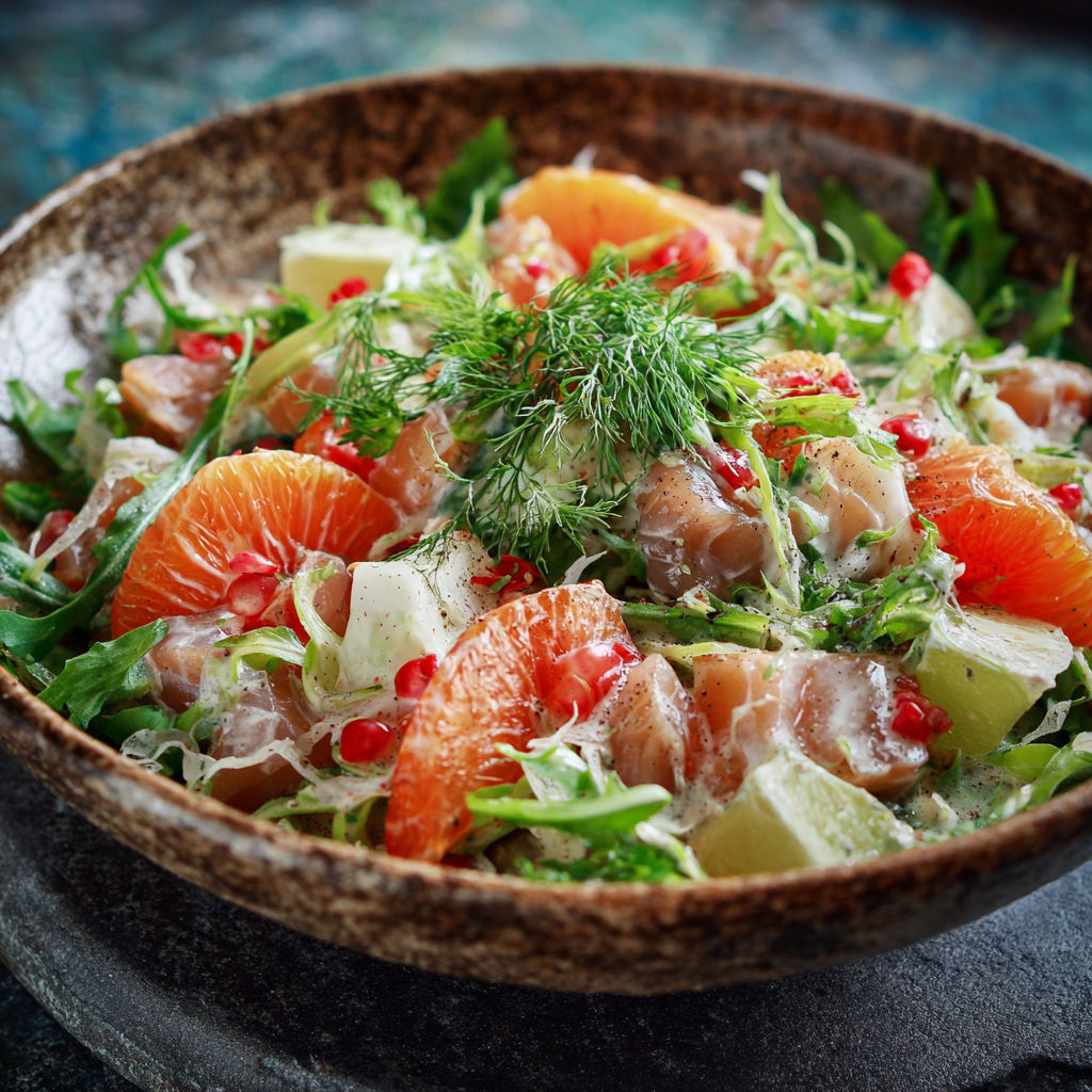Une salade de fruits et légumes avec des oranges, des tomates, des concombres et des herbes.