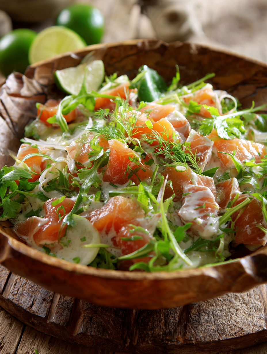 Une salade de saumon et de légumes verts dans un bol en bois.