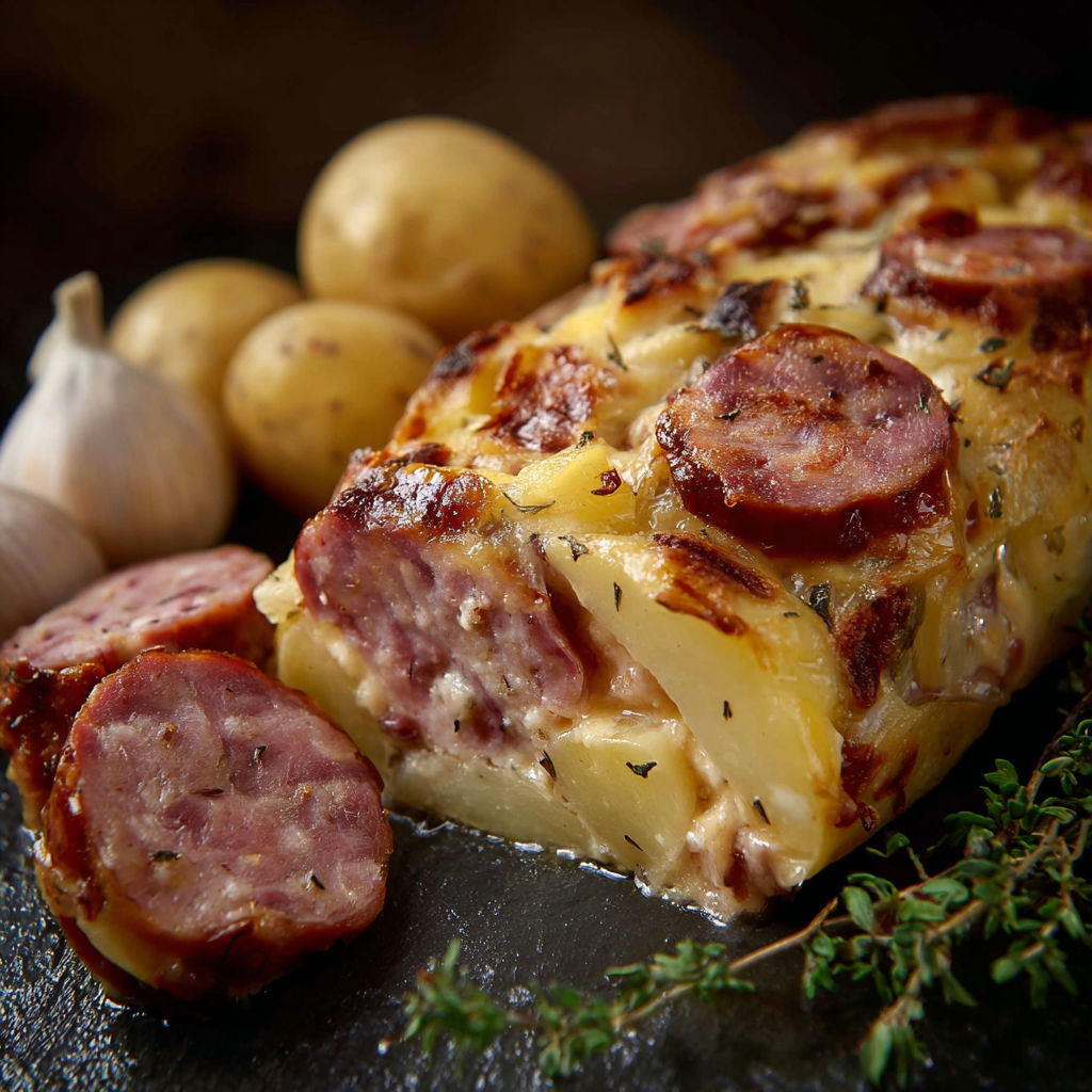 Une pièce de galette de pommes de terre avec des lardons fumés et des pommes de terre rôties.
