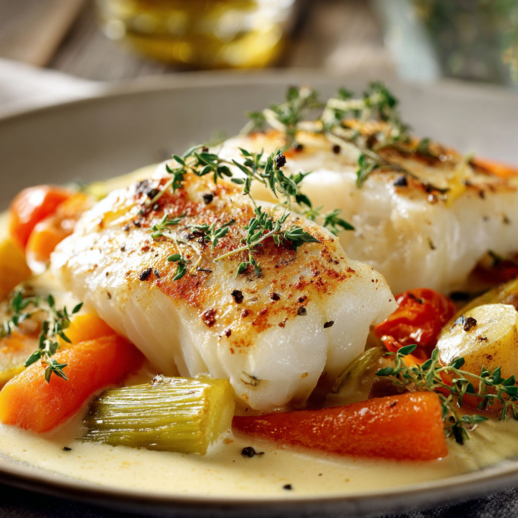Filets de poisson avec des légumes et des herbes, accompagnés d'une sauce.