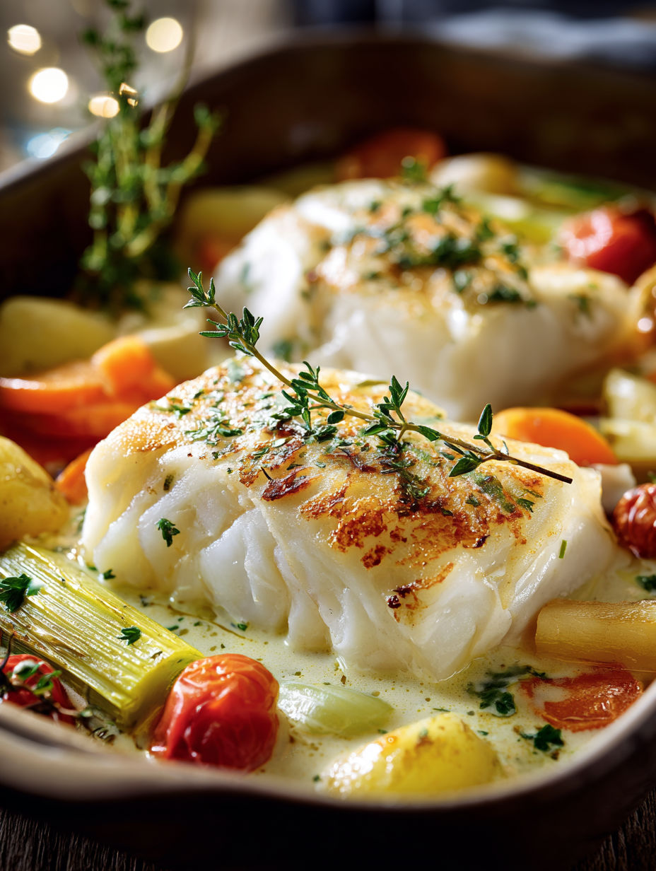 Dish with fish and vegetables, including tomatoes and carrots, served in a bowl.