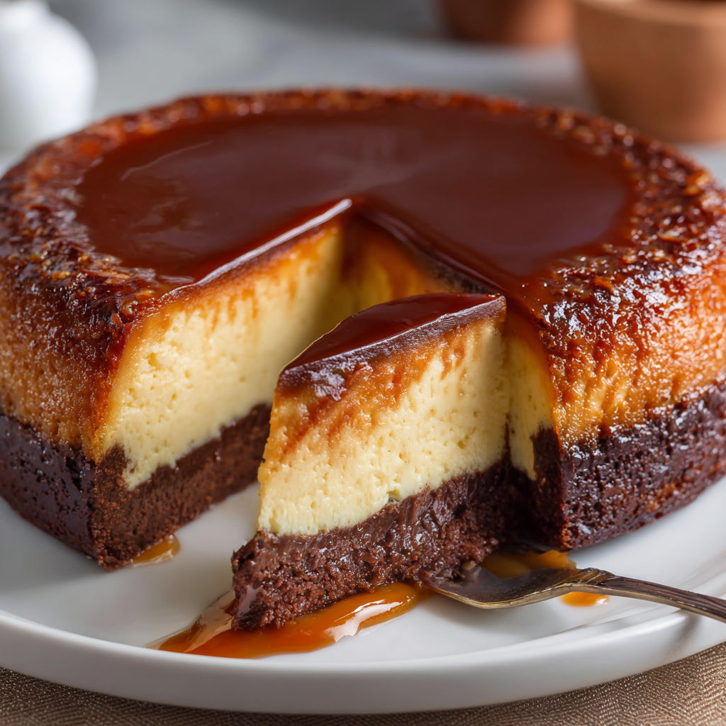 Une portion de gâteau Impossible, avec une tranche en dessous.