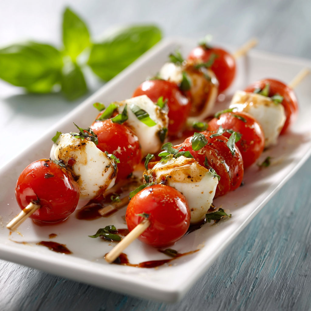 Une assiette de brochettes de tomates et de mozzarella, avec des herbes fraîches pour accompagner.