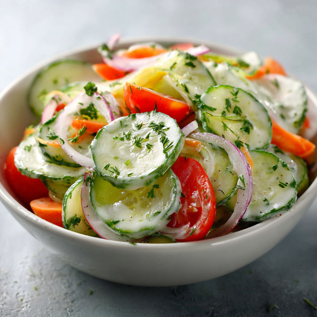 Une salade de cucumbers, tomatoes, onions et carrots dans un bol.