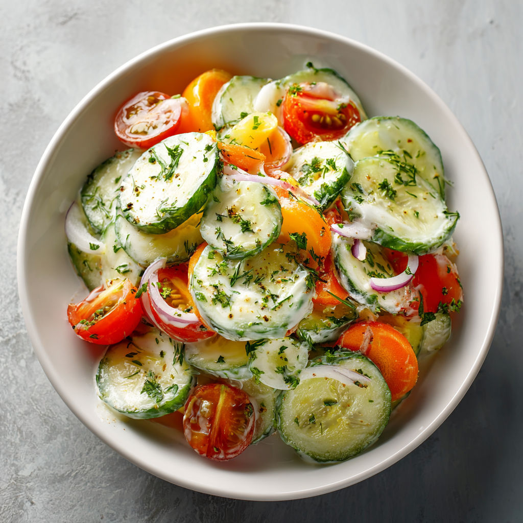 Une salade de tomates et de cucumbers, servie dans un bol.