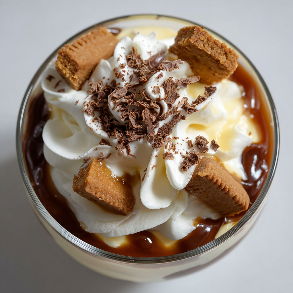 Un dessert au lait et croutons de cookies.