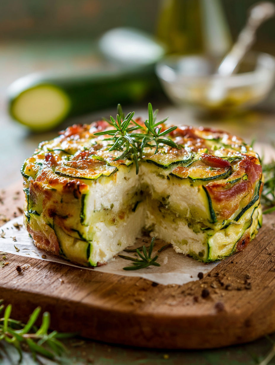 Une tarte aux courgettes est servie sur un plateau en bois.