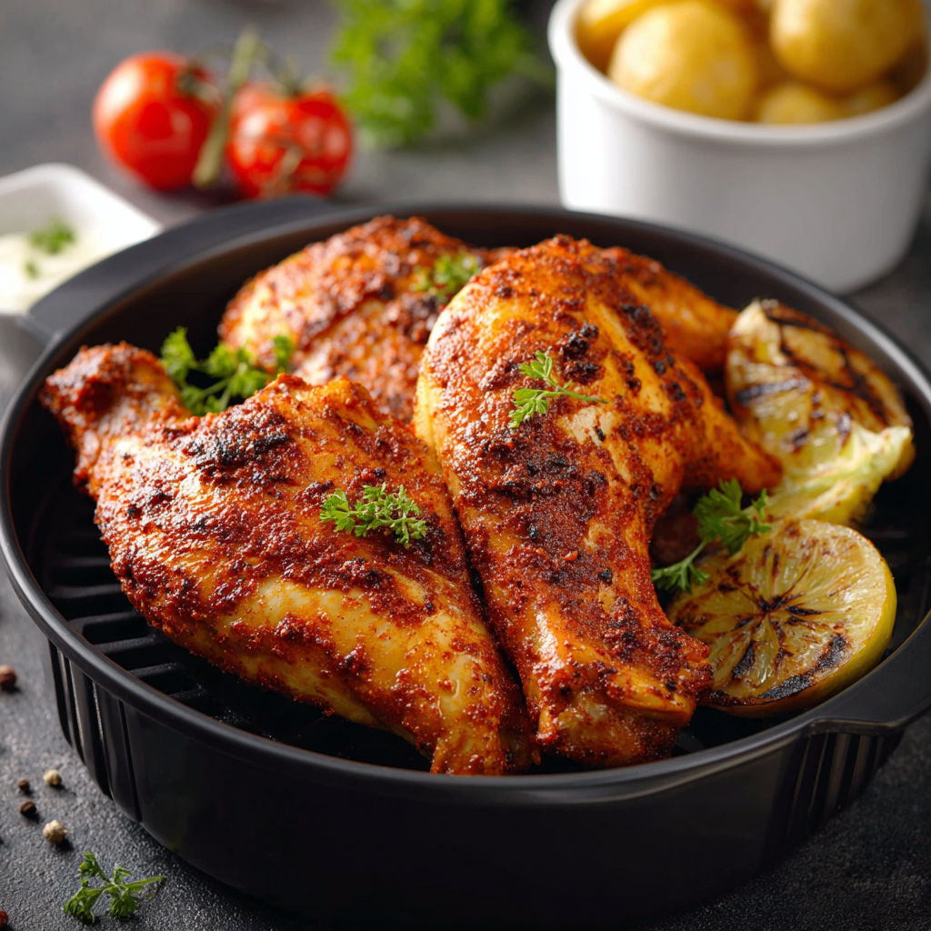 Un grand plat de poulet grillé avec des légumes et des pommes de terre.