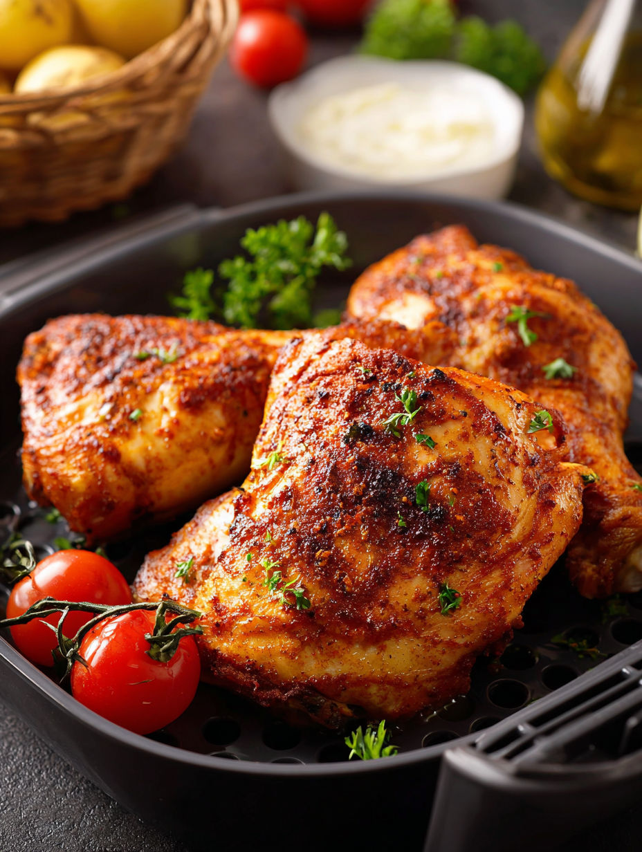 Chicken breasts grilled with tomatoes and herbs, served in a bowl with a side of garlic sauce.