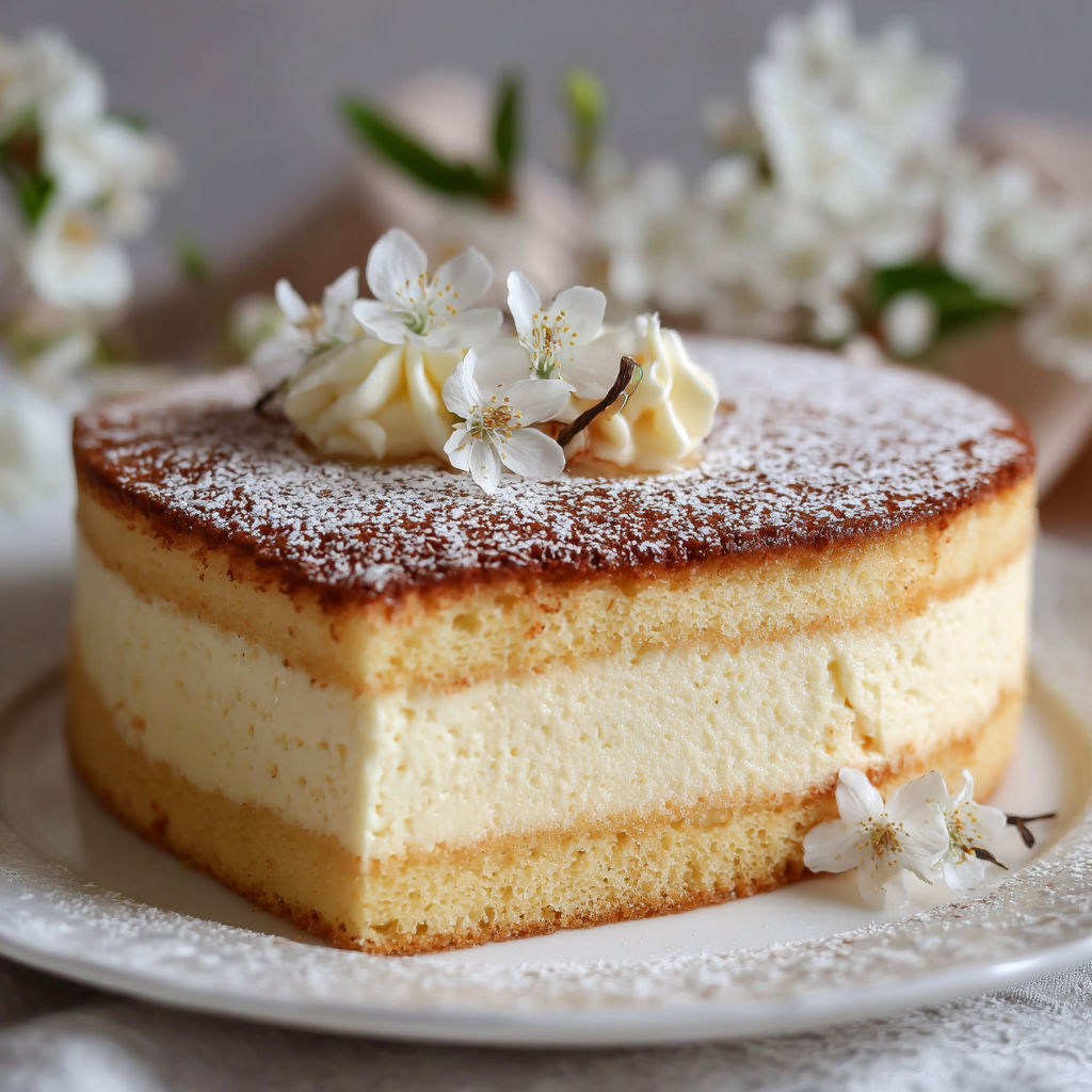 Une tarte aux fruits et crème, garnie de fleurs de cerisier, est servie sur un plateau.