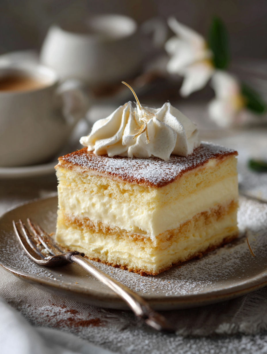 Une tarte aux fruits et crème, garnie de crème fouettée et de sucre, est servie sur un plateau avec une tasse de café.