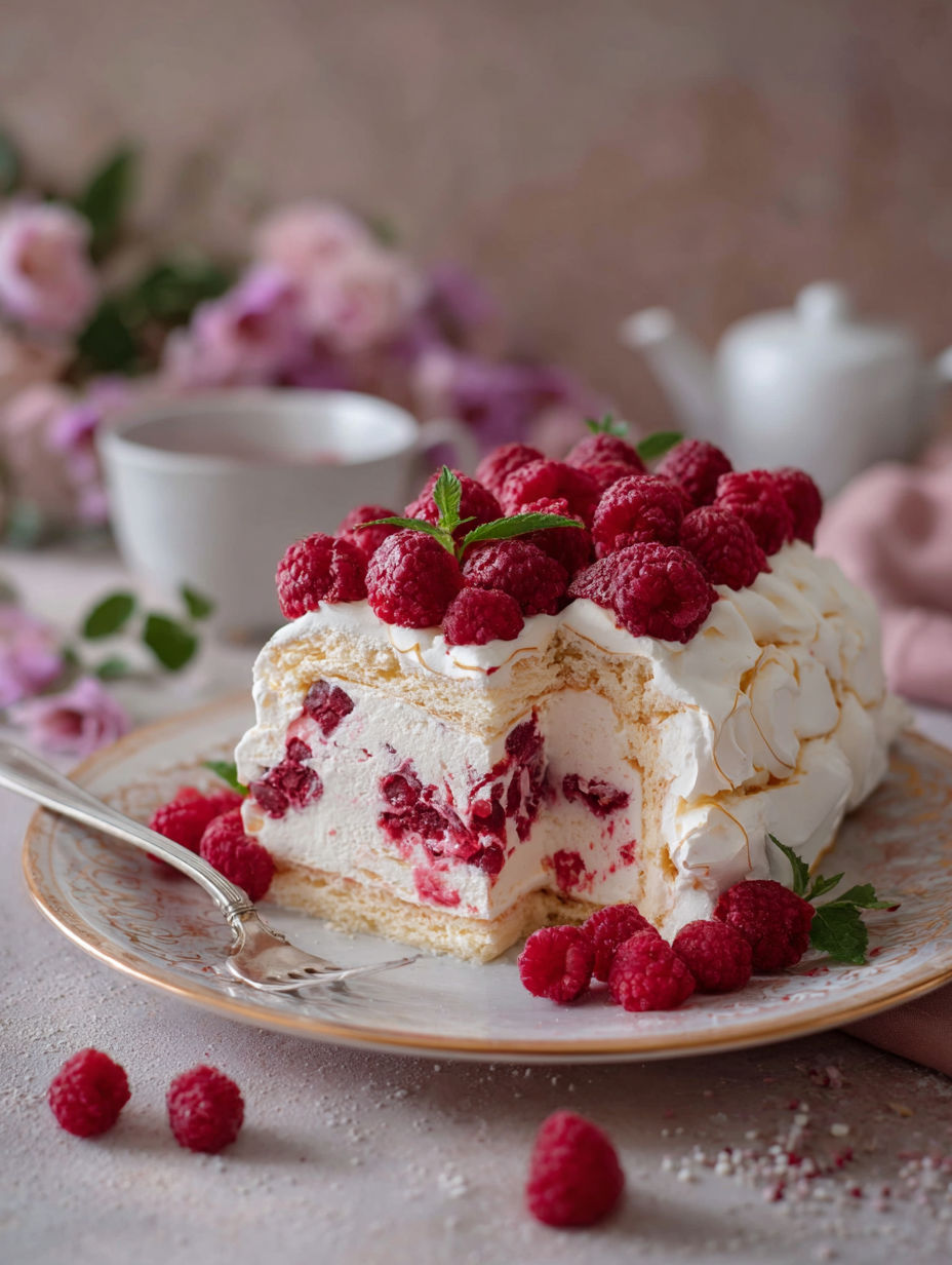 Une tarte aux fraises et crème chantilly, garnie de fraises et de crème chantilly, est servie sur un plateau.