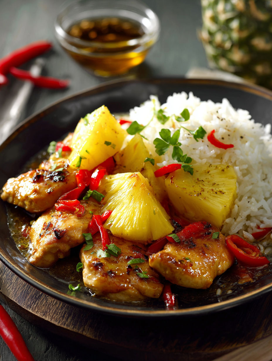 Une recette de poisson grillé avec des pineapples et des épinards, servie dans un bol noir.