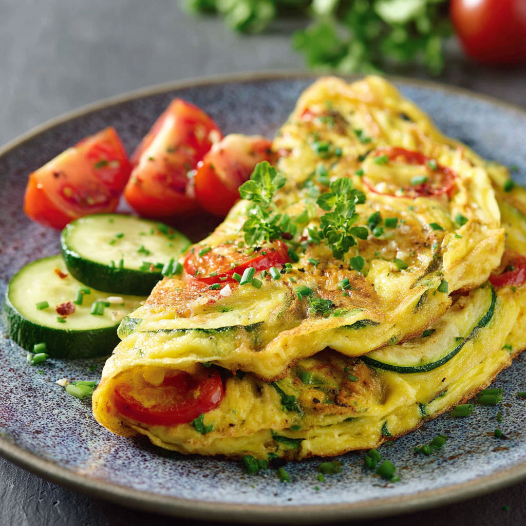 Une omelette aux céleris et tomates, accompagnée de légumes verts, est servie sur un plateau.