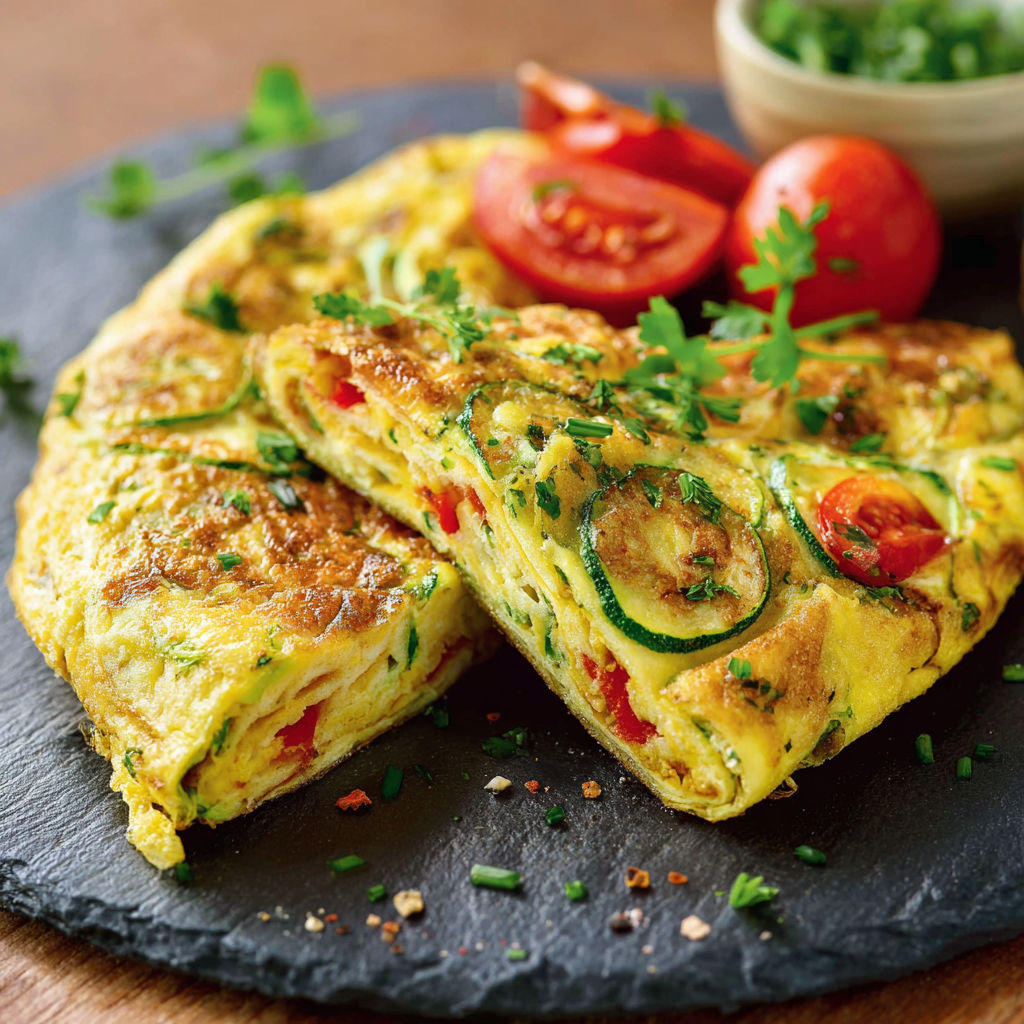 Une omelette aux cucumbers et tomates, avec des herbes et des épices, est servie sur un plateau.