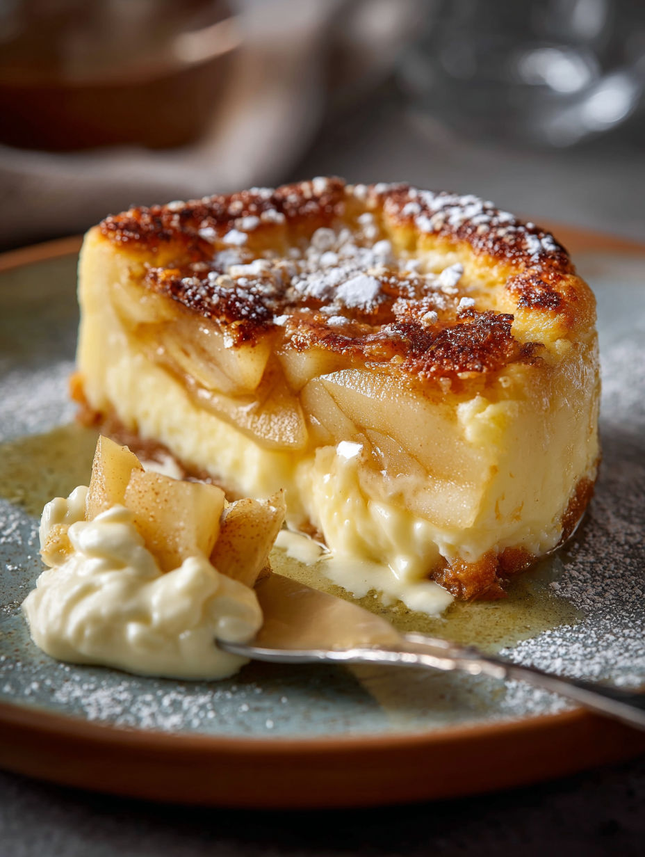 Une tarte aux pommes et crème, garnie de sucre et de crème fouettée, sur un plateau.