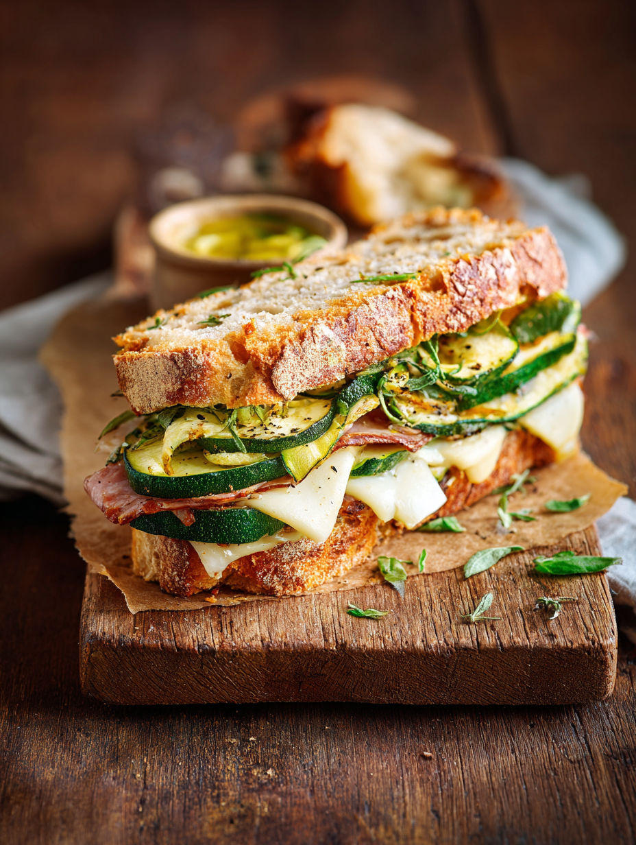 Un sandwich au café et au jus de citron, avec des légumes verts et du bacon.