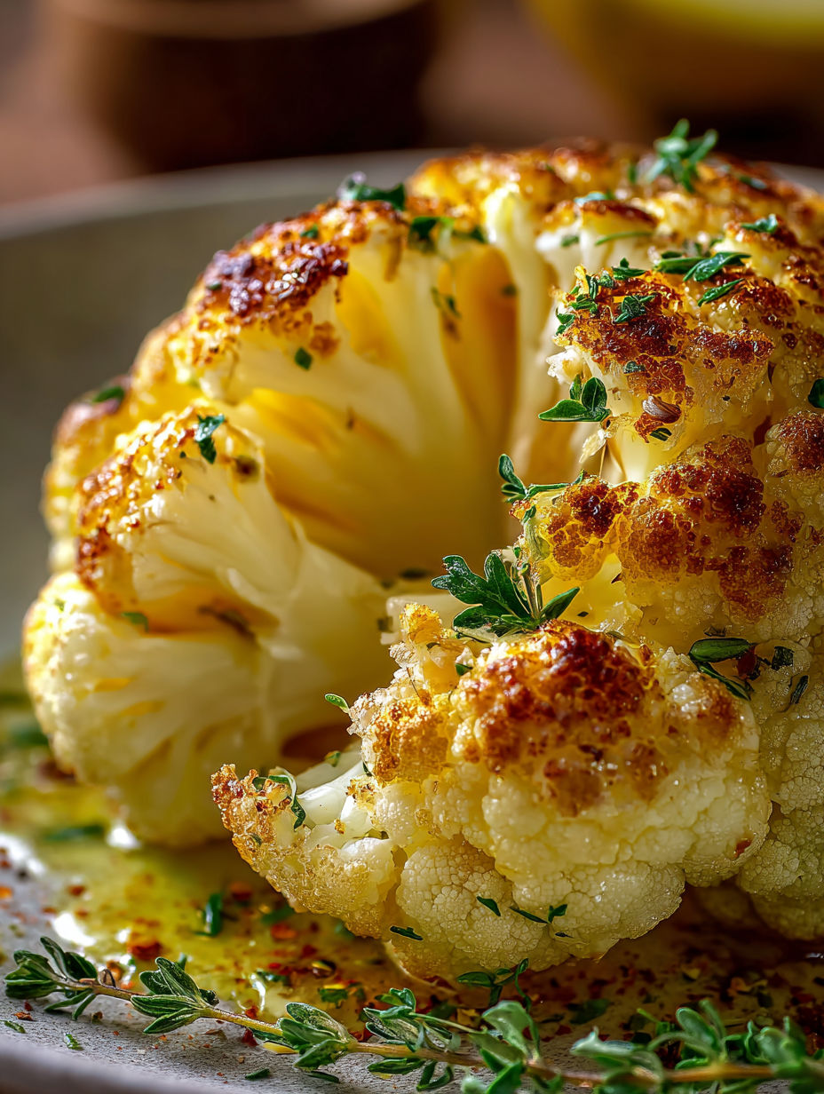 Cauliflower florets are cooked and seasoned with herbs and spices, served on a plate with a side of sauce.