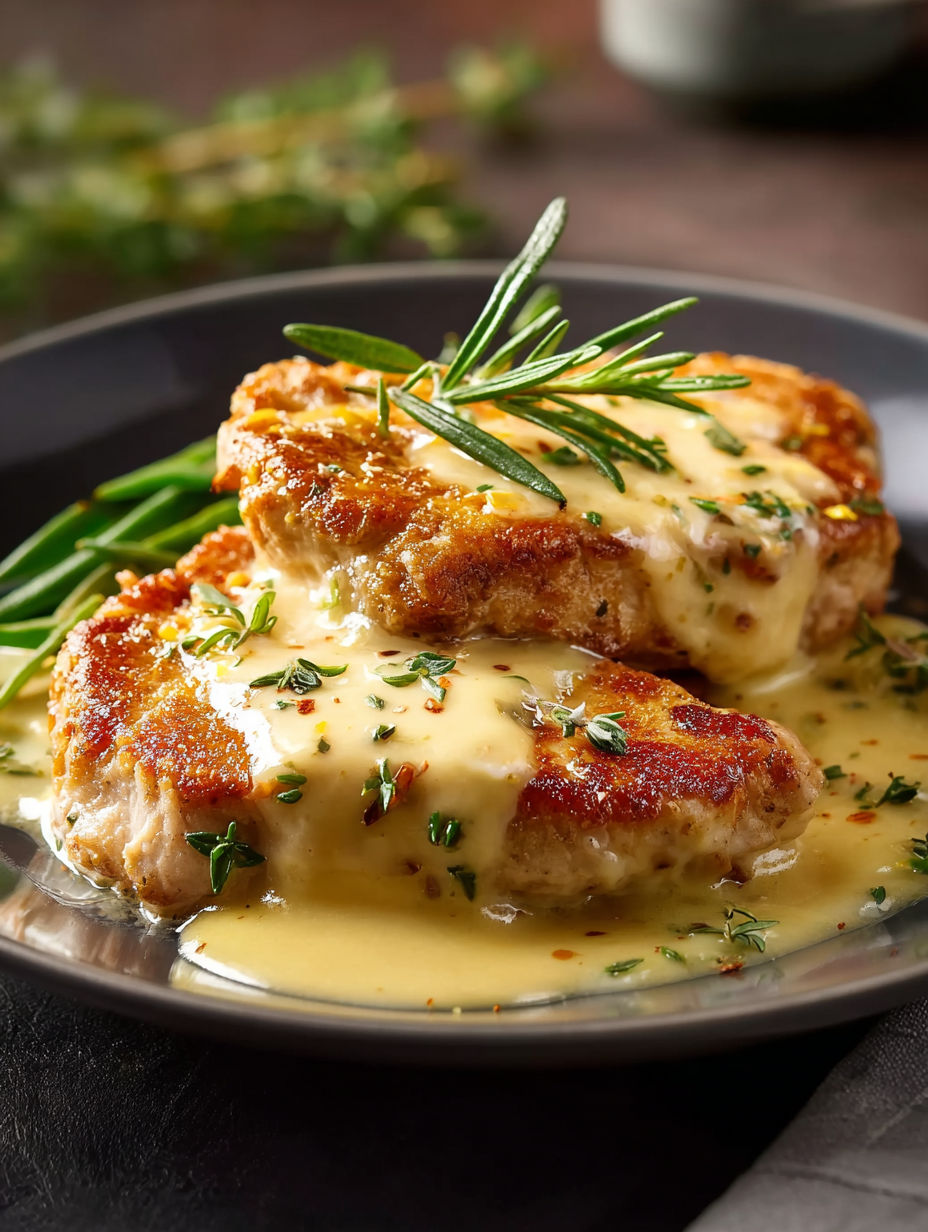 Chicken with a creamy sauce and herbs, served on a plate.