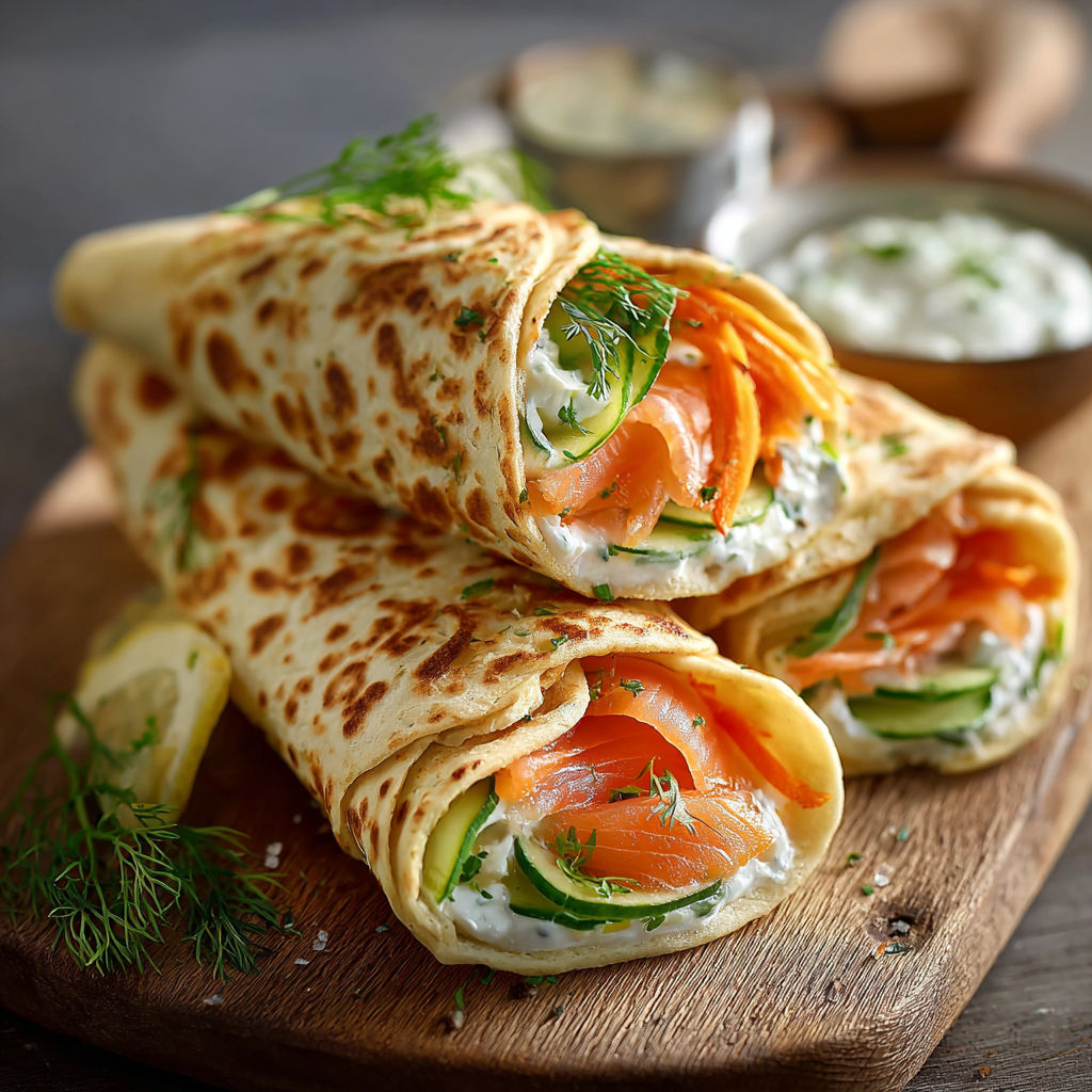 Wraps de poisson et de zucchini, avec une sauce et une garniture de cilantro, sur un plateau de bois.