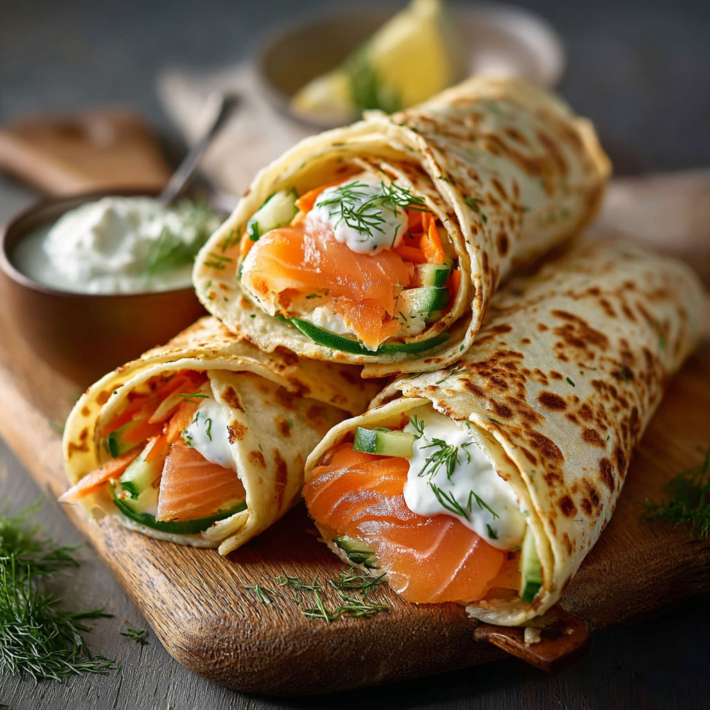Un délicieux sandwich de saumon et de légumes, accompagné d'une sauce crémeuse, est présenté sur un plateau.