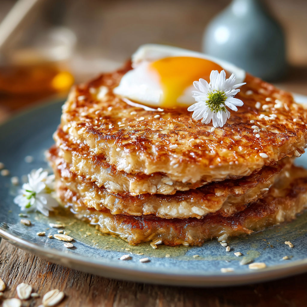 Une pile de crêpes au lait avec des œufs brouillés et des fleurs sauvages sur le dessus.