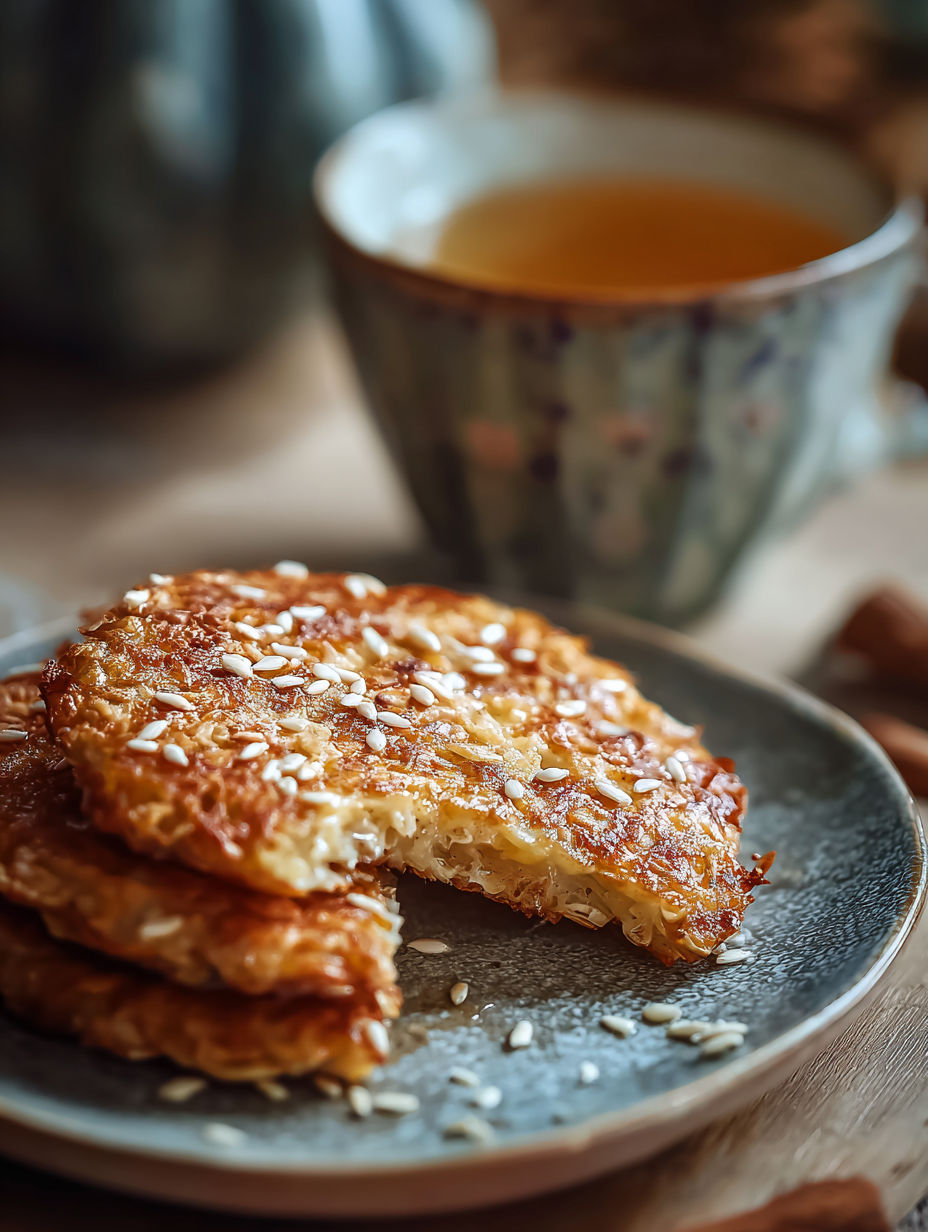 Une pâte de pommes de terre croustillante, accompagnée d'une tasse de thé, est servie sur un plateau.