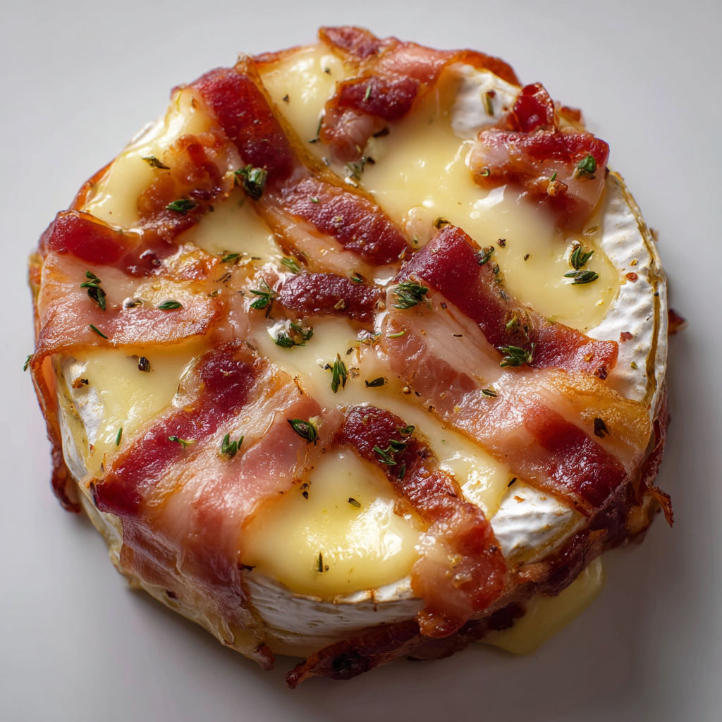 Une tarte au bacon et au fromage, avec des herbes et des bacon crispés, est servie sur un plateau.