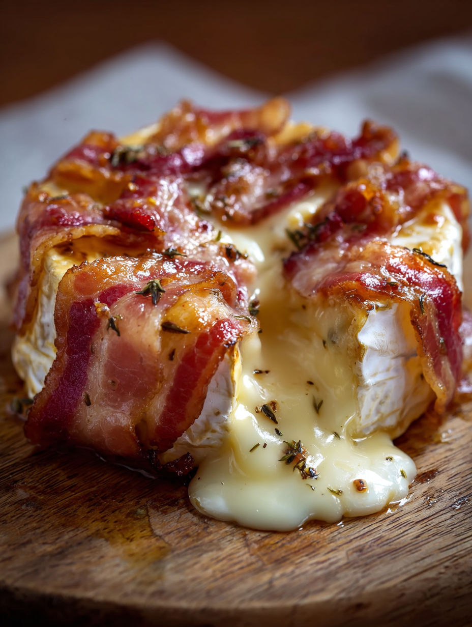 Une tarte aux bacon et au fromage, avec une sauce au beurre fondu, sur une planche de bois.