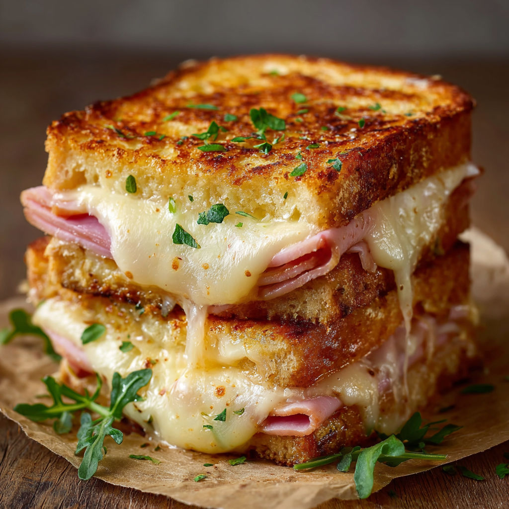 Une croque monsieur est servie sur une feuille de papier.