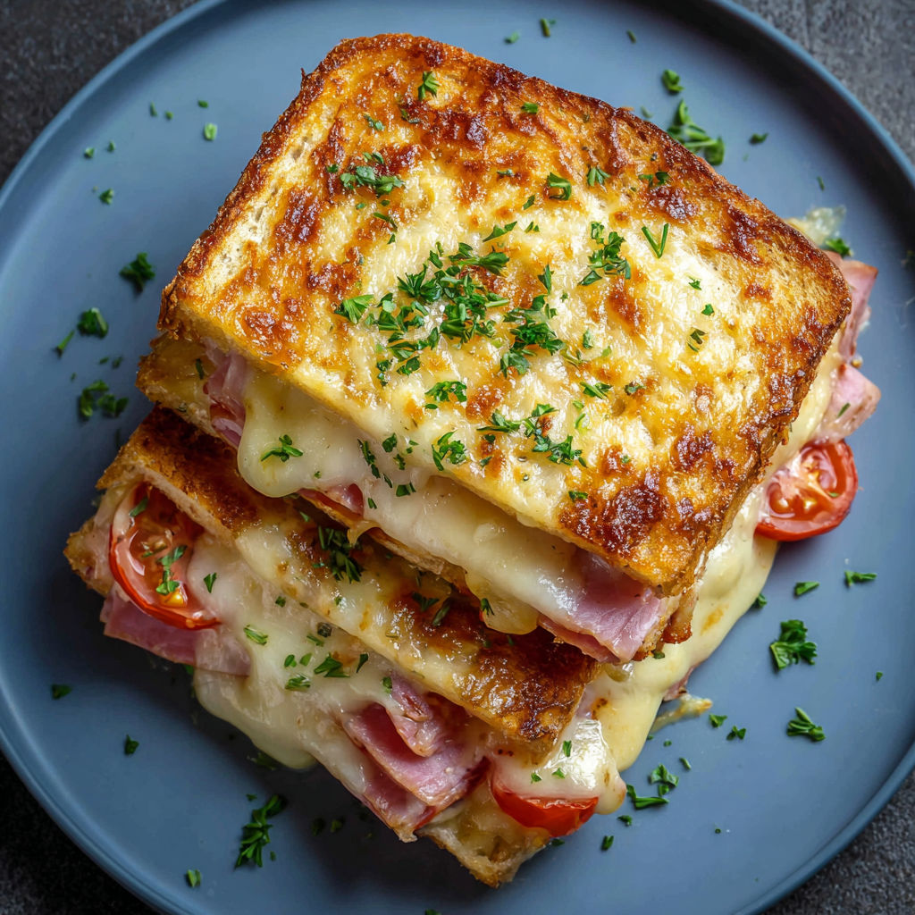 Une pile de sandwichs au fromage et aux herbes, sertie sur un plateau.